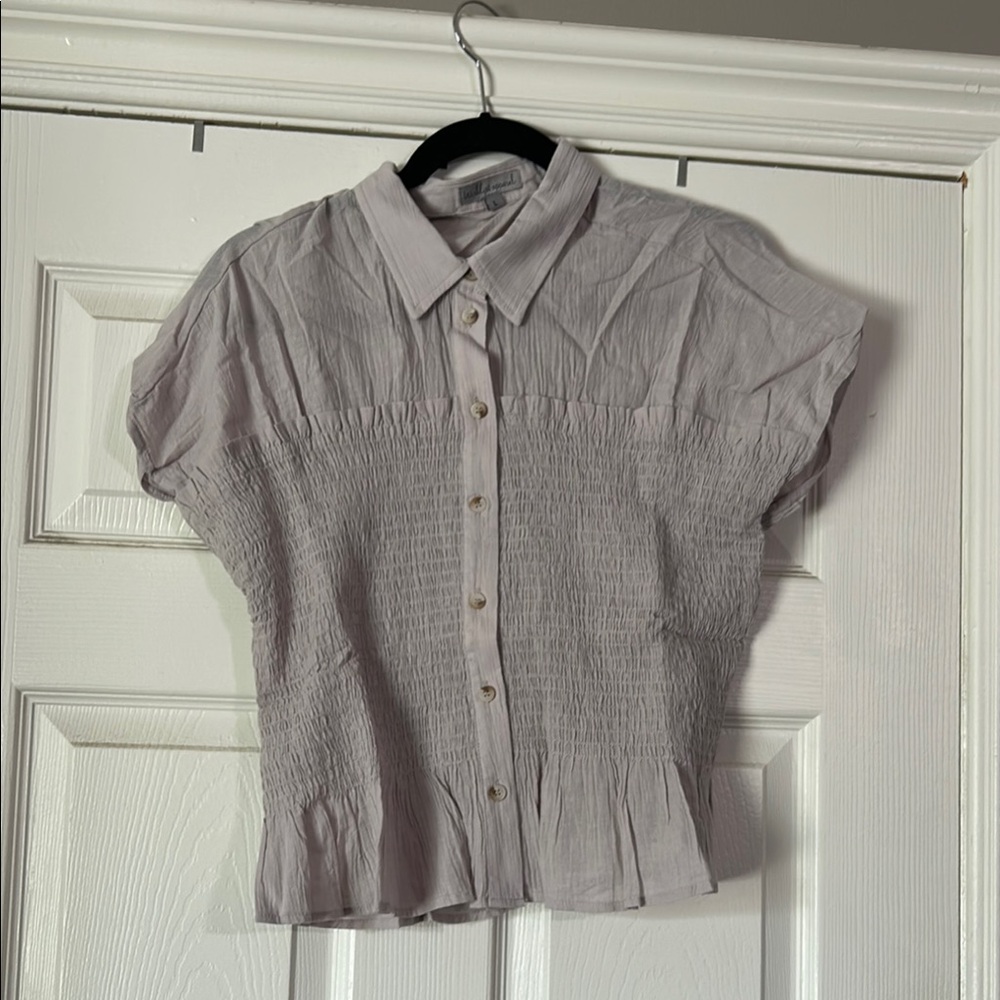 Gray Puff Sleeve Crop Blouse with Notched Collar
